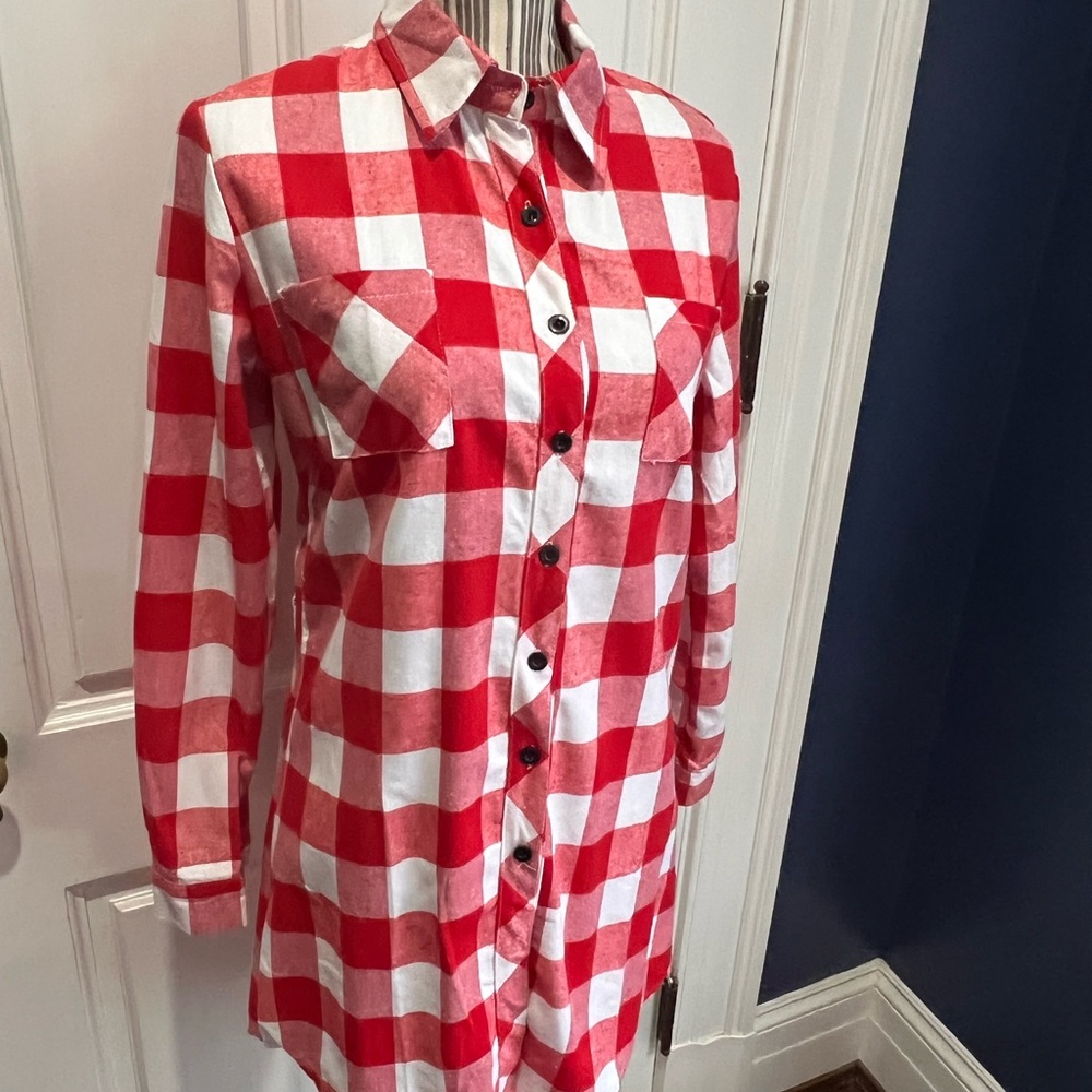 Red and White Plaid Button-Up Shirt dress nwot hot touch flannel western D304